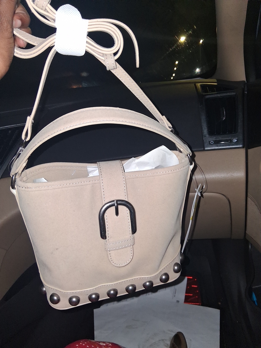Beige Studded Bucket Bag with Top Handle